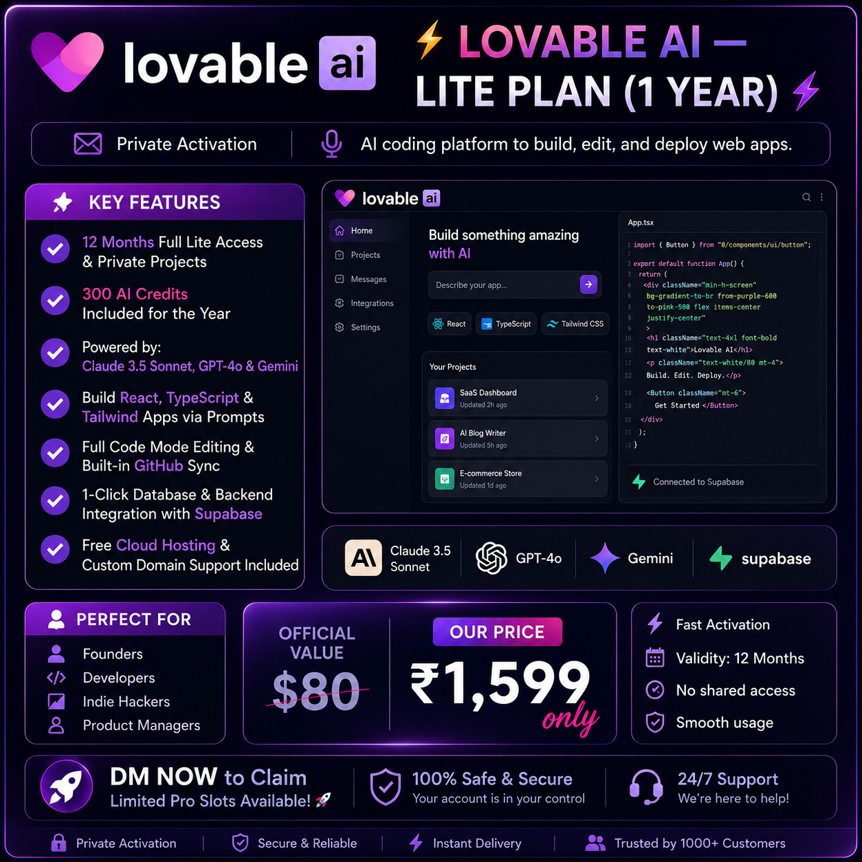 Lovable AI Lite – 1 Year Private Subscription